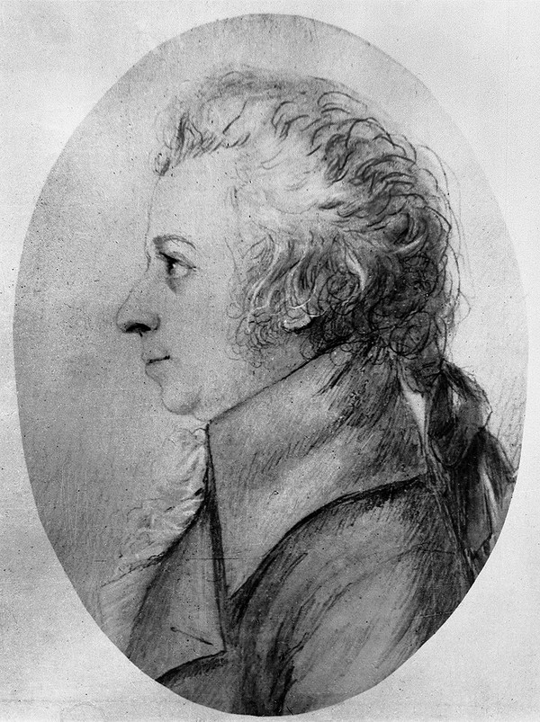 Porträt Wolfgang Amadeus Mozart, Radierung von Eduard von Mandel aus dem Jahr 1858 nach einer Silberstiftzeichnung von Dorothea Stock von 1789