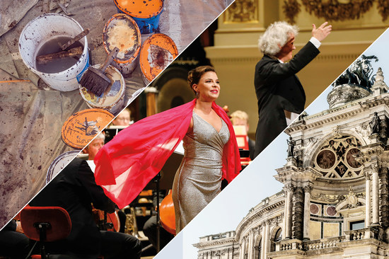 Collage aus Malsaal der Sächsischen Staatstheater, Konzert auf der Bühne der Semperoper und Exedra der Semperoper