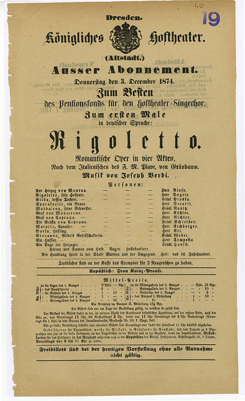 Theaterzettel Erstaufführung »Rigoletto« am 3.12.1874